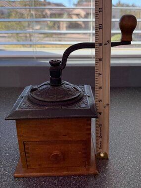 Vintage Hand Crank Coffee Grinder Wooden Box Cast Iron Mill Drawer